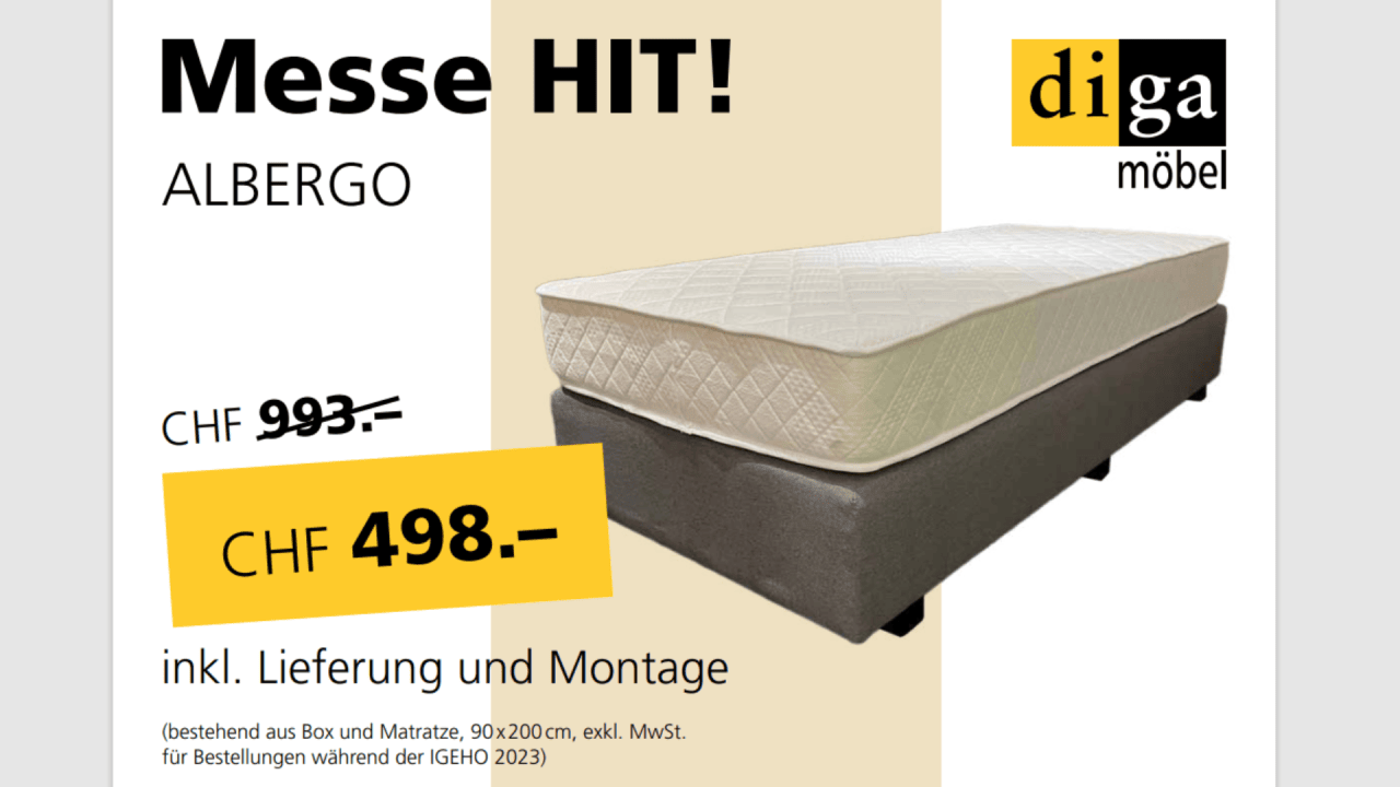 Messe HIT! Albergo Box und Matratze mit 50% MEGA-Rabatt. 